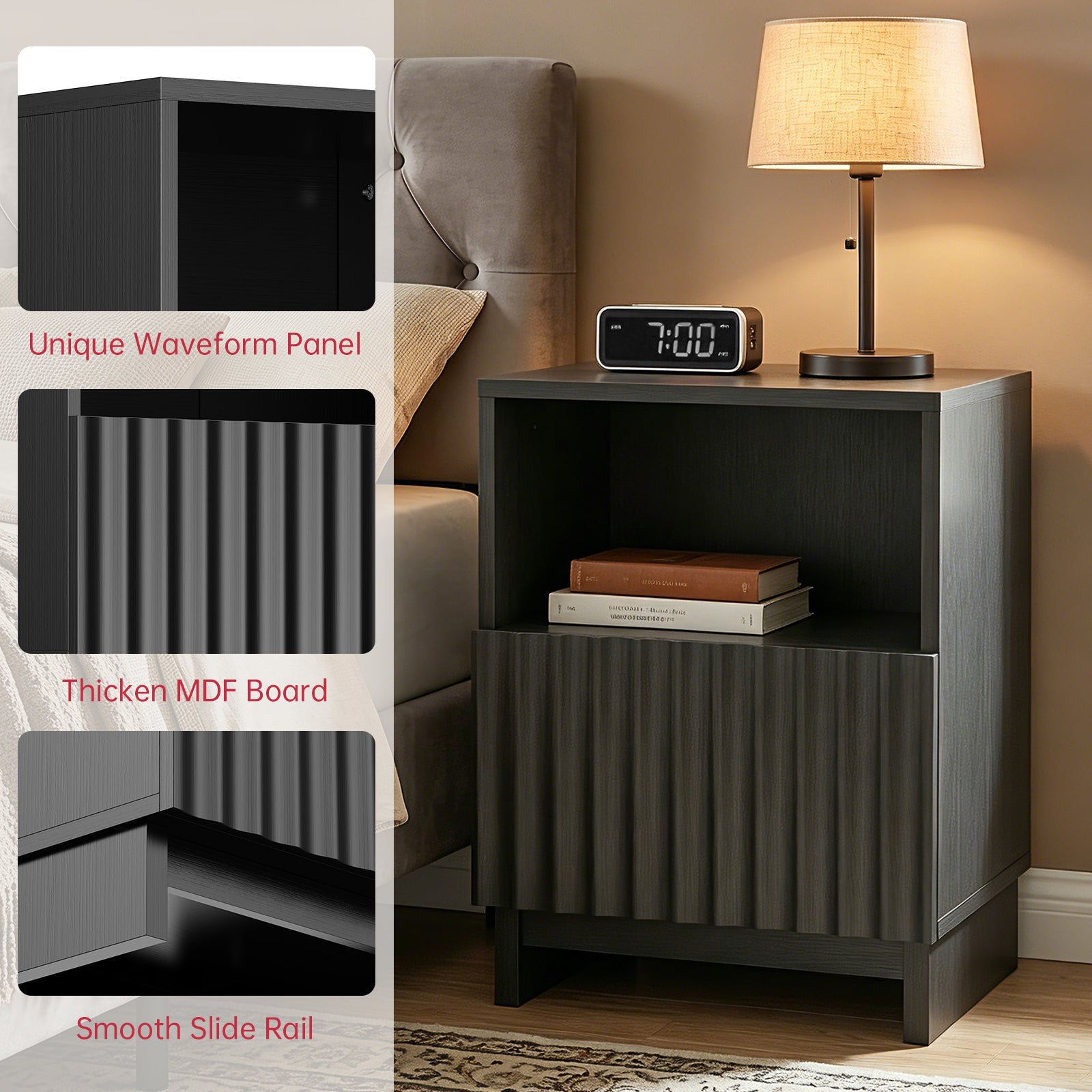 TINYNEST Modern Recessed Bedside Table with Open Shelves and Cabinets, Solid Wood, Black | Natural Wood Color