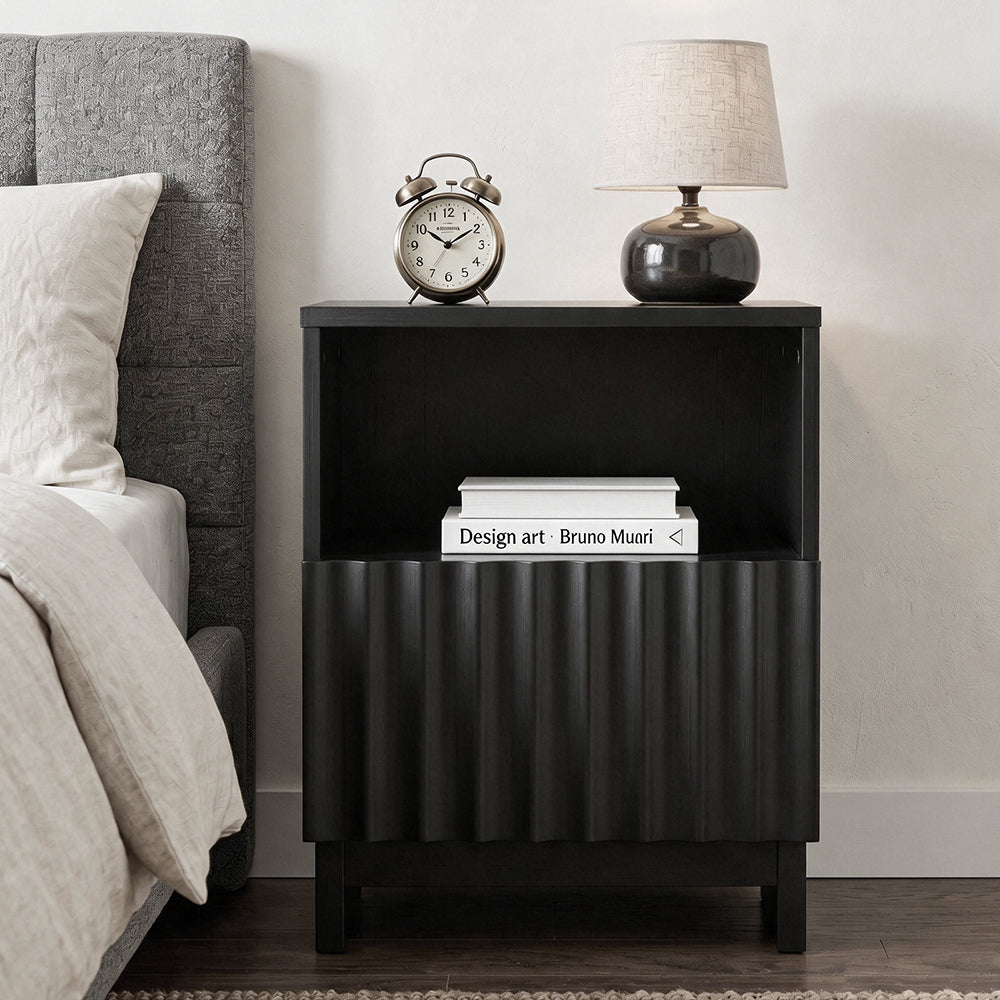 TINYNEST Modern Recessed Bedside Table with Open Shelves and Cabinets, Solid Wood, Black | Natural Wood Color