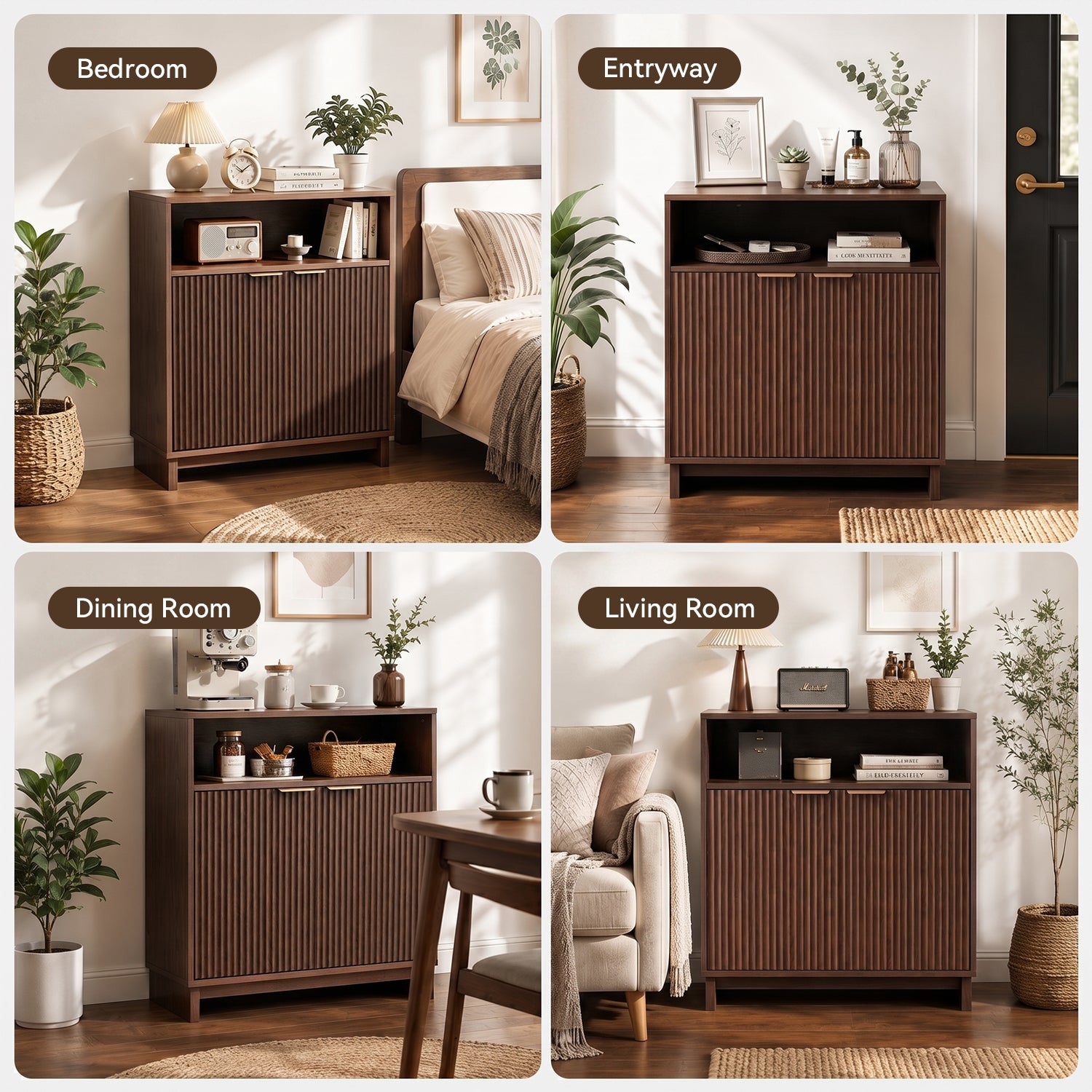 TINYNEST Modern Fluted Sideboard, Solid Wood Base Storage Cabinet, Walnut/Natural Oak, 31.50"× 15.0"× 35.6"