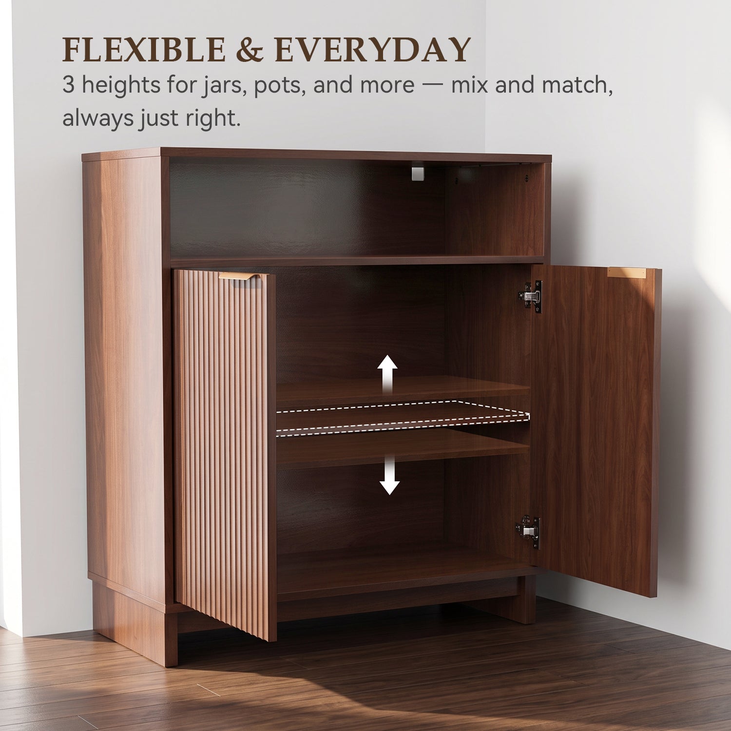 TINYNEST Modern Fluted Sideboard, Solid Wood Base Storage Cabinet, Walnut/Natural Oak, 31.50"× 15.0"× 35.6"