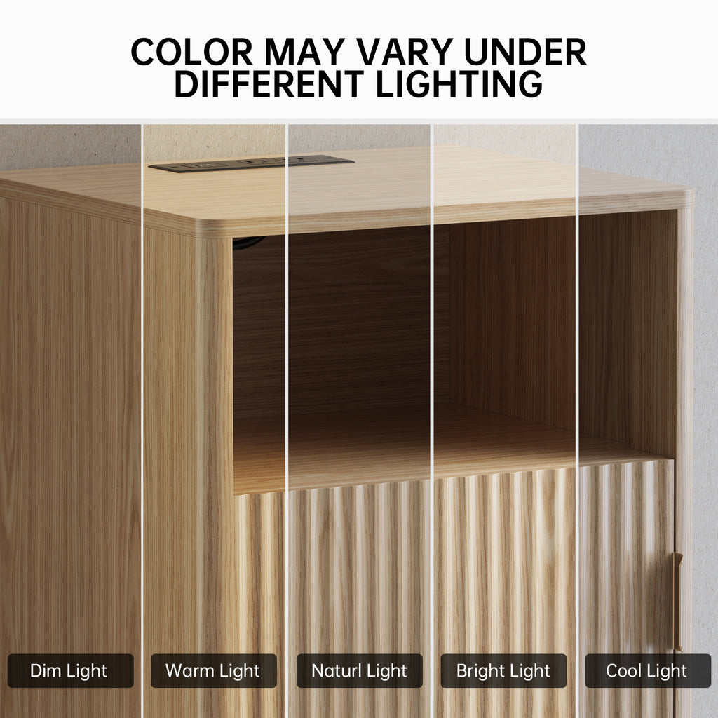 TINYNEST Modern Fluted Nightstand with Open Shelf & Cabinet, Solid Wood Legs