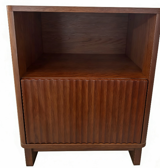 TINYNEST Modern Fluted Nightstand with Open Shelf & Cabinet, Solid Wood Legs Bedside Table for Bedroom, Walnut/Natural Oak