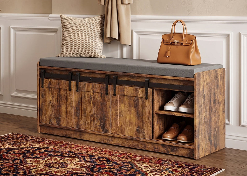 TINYNEST Shoes Bench with Storage,Cushion Seat, 42″ x 14″ x 18″