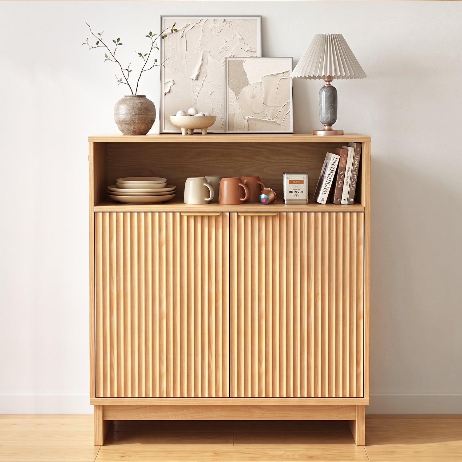 TINYNEST Modern Fluted Sideboard, Solid Wood Base Storage Cabinet, Walnut/Natural Oak, 31.50"× 15.0"× 35.6"