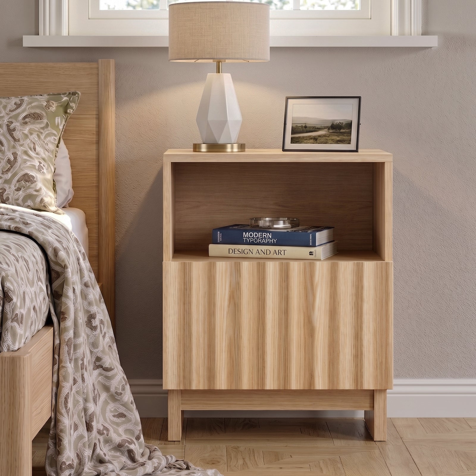 TINYNEST Modern Recessed Bedside Table with Open Shelves and Cabinets, Solid Wood, Black | Natural Wood Color