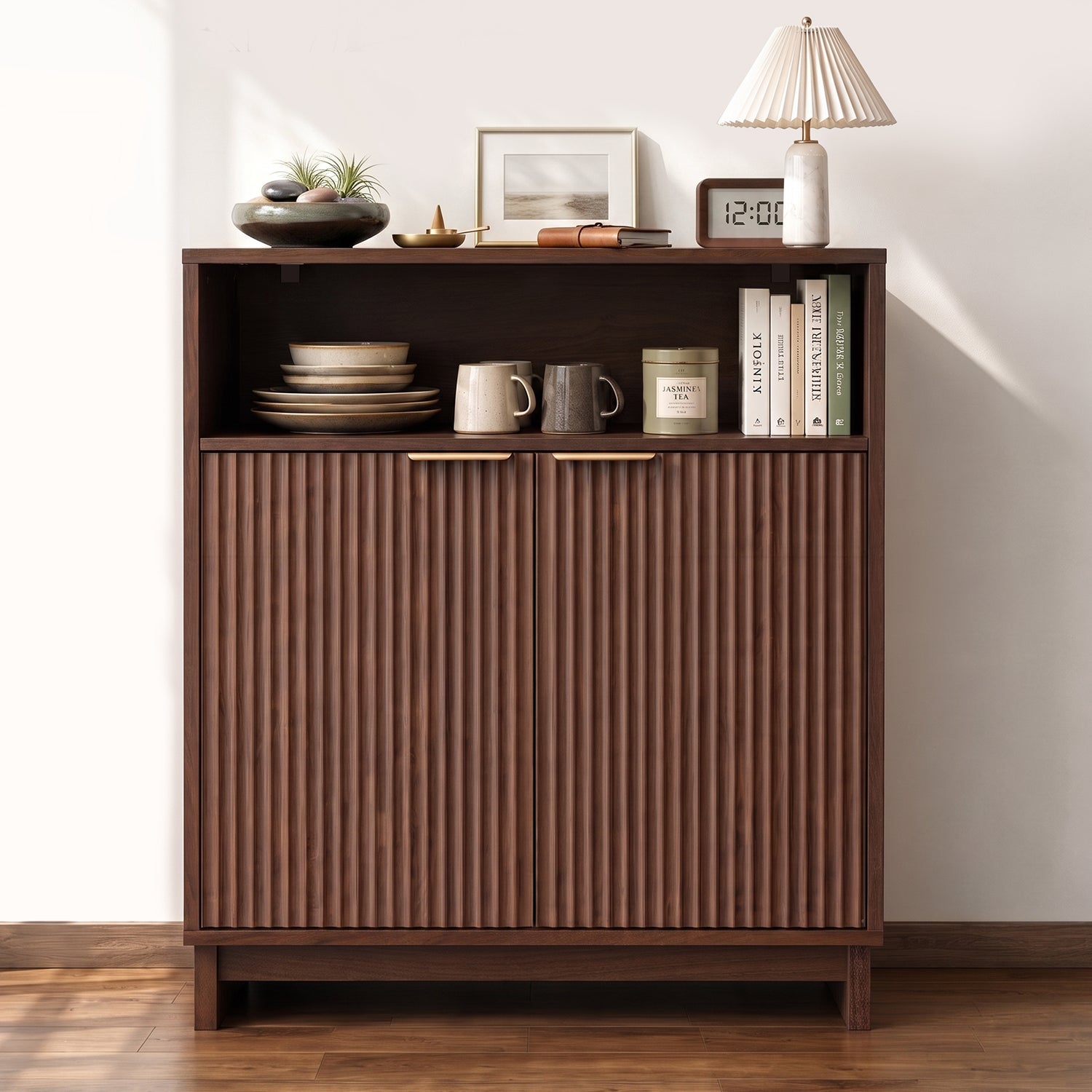 TINYNEST Modern Fluted Sideboard, Solid Wood Base Storage Cabinet, Walnut/Natural Oak, 31.50"× 15.0"× 35.6"