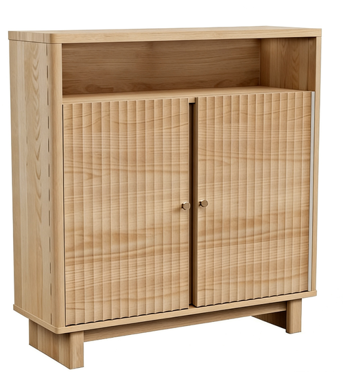 TINYNEST Modern Fluted Sideboard with Open Shelf & Double Cabinet, Solid Wood Base Storage Cabinet for Dining Room Living Room, Walnut/Natural Oak