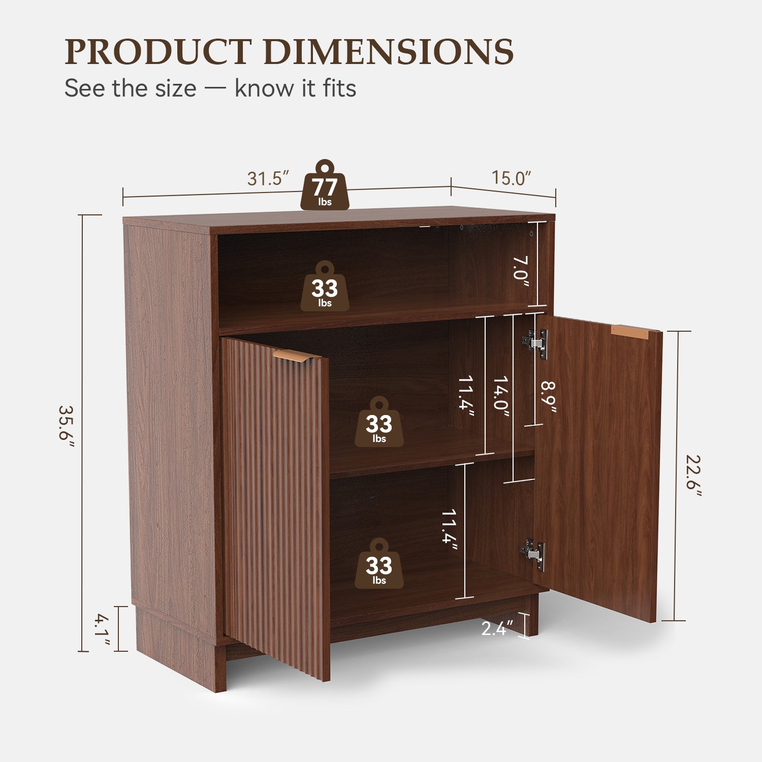 TINYNEST Modern Fluted Sideboard, Solid Wood Base Storage Cabinet, Walnut/Natural Oak, 31.50"× 15.0"× 35.6"