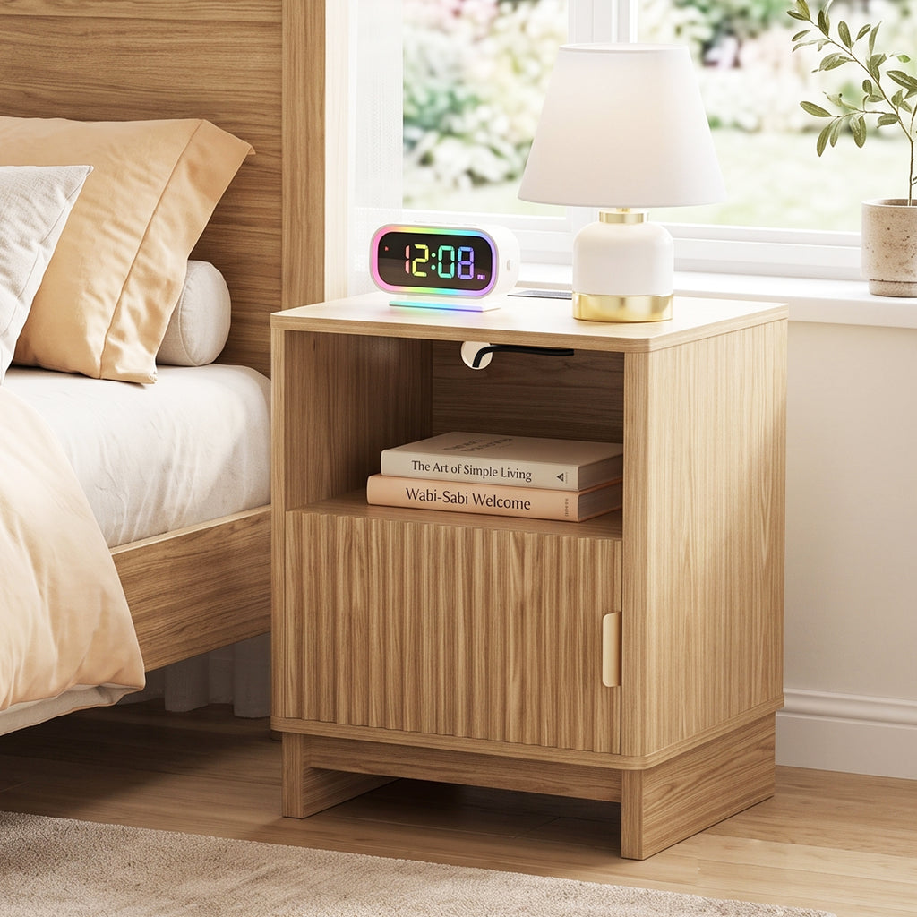 TINYNEST Modern Fluted Nightstand with Open Shelf & Cabinet, Solid Wood Legs