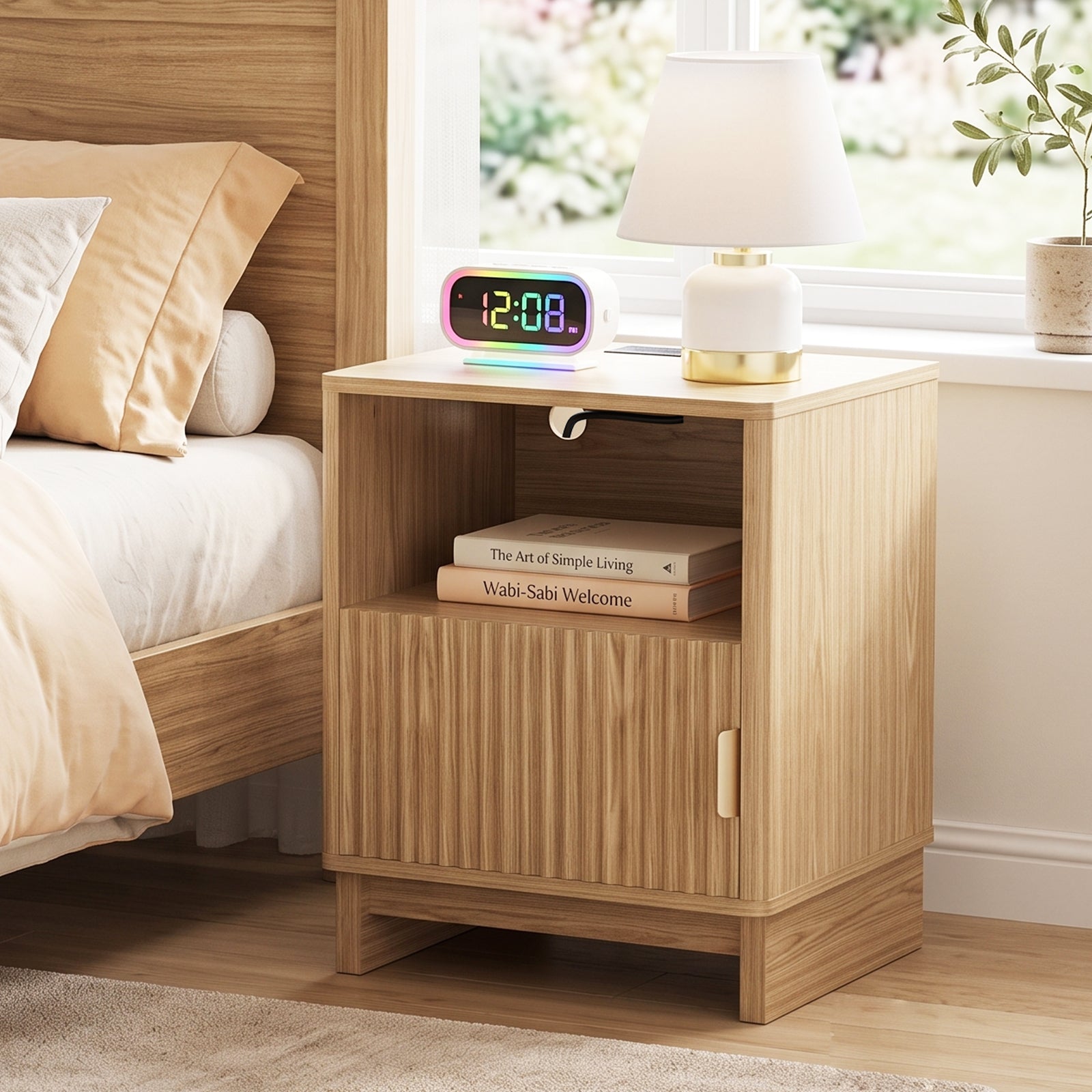 TINYNEST Modern Fluted Nightstand with Open Shelf & Cabinet, Solid Wood Legs