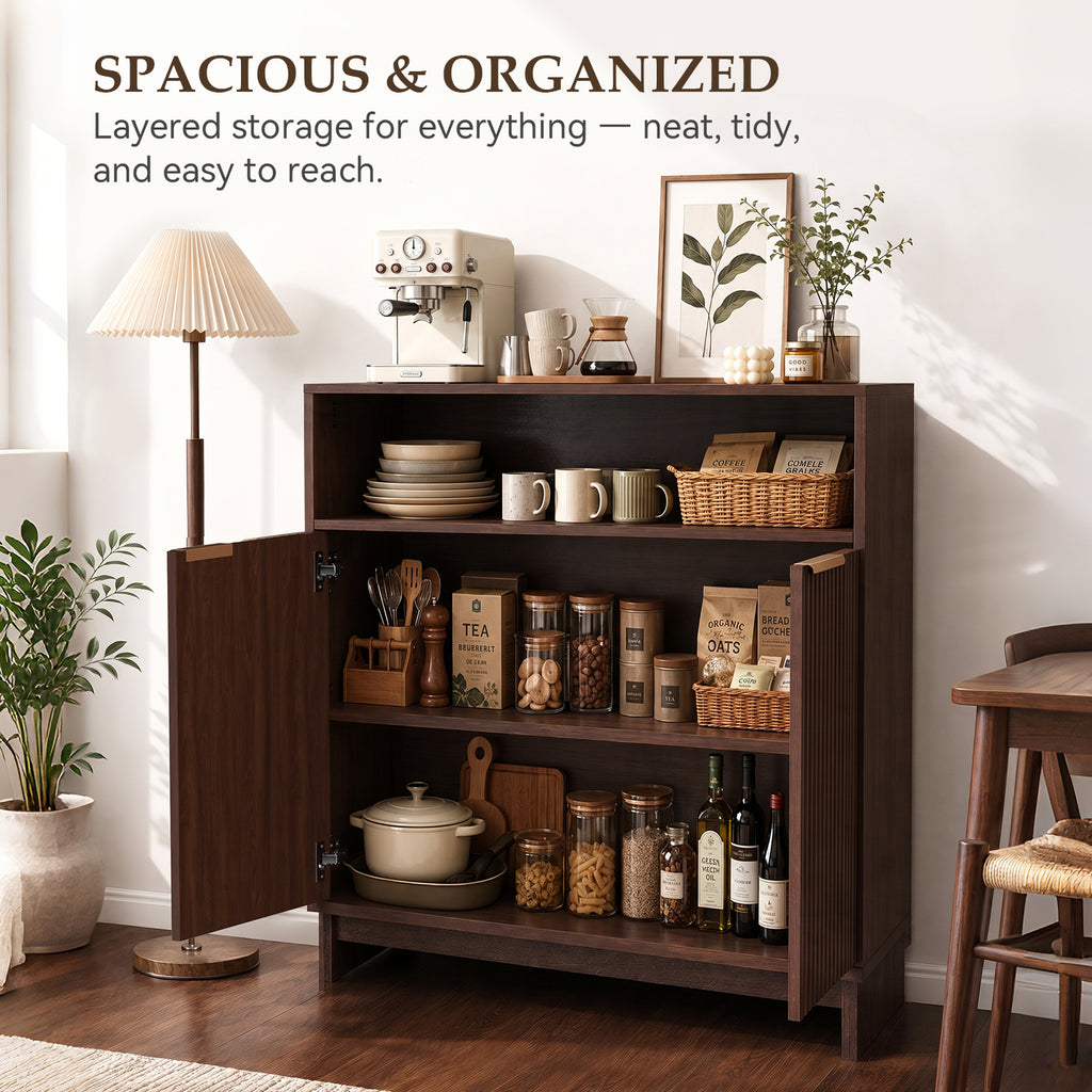 TINYNEST Modern Fluted Sideboard, Solid Wood Base Storage Cabinet, Walnut/Natural Oak, 31.50"× 15.0"× 35.6"