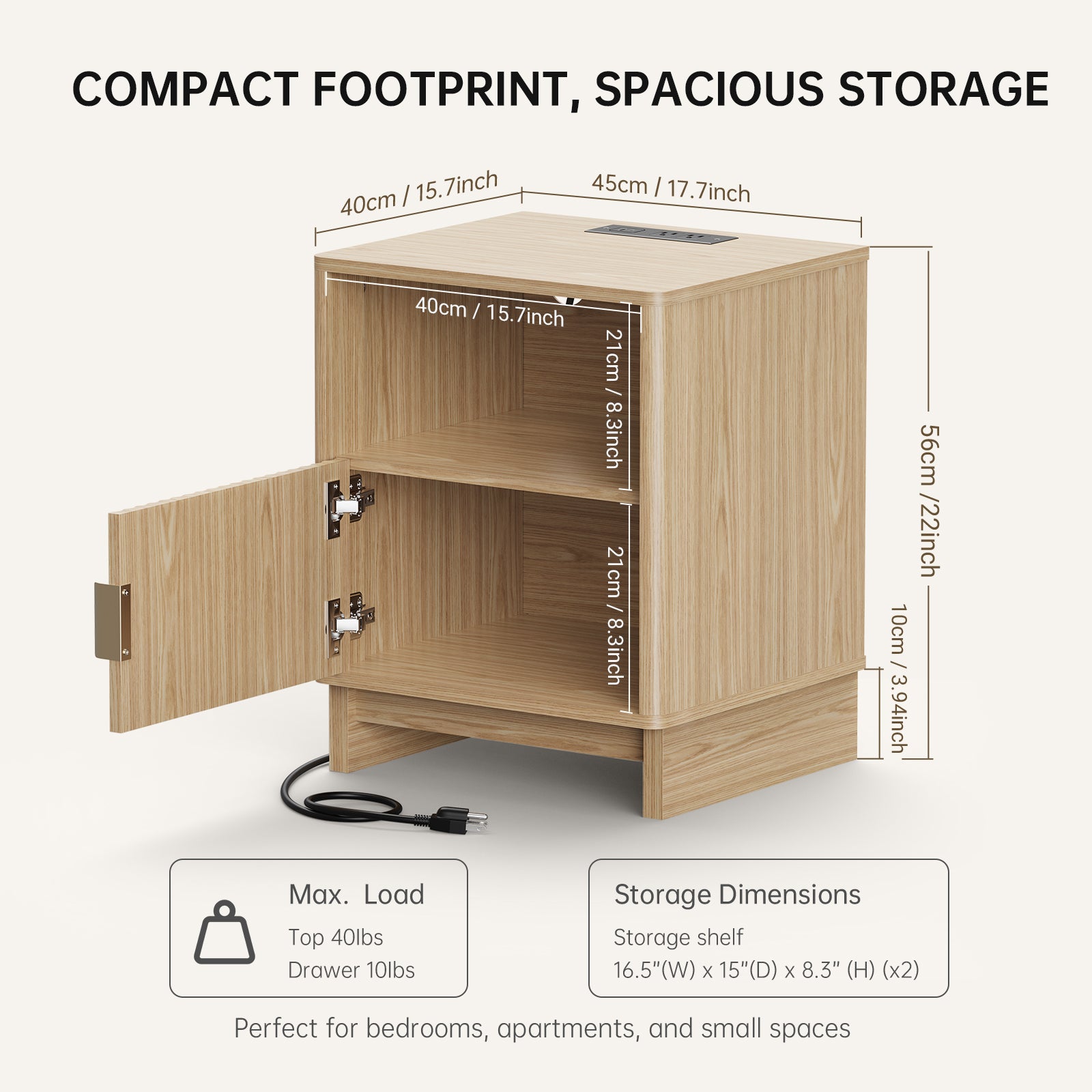TINYNEST Modern Fluted Nightstand with Open Shelf & Cabinet, Solid Wood Legs