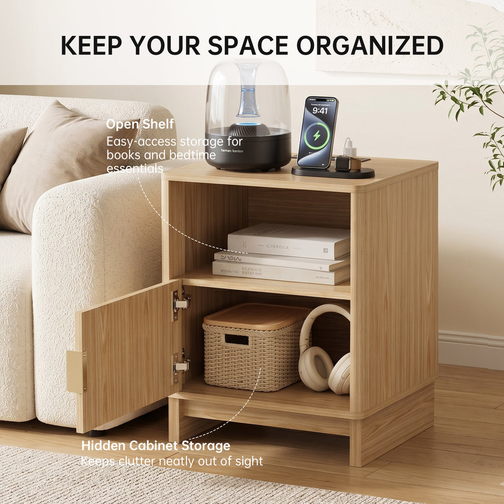 TINYNEST Modern Fluted Nightstand with Open Shelf & Cabinet, Solid Wood Legs