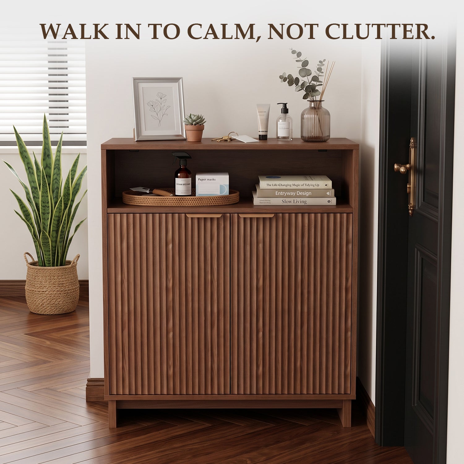 TINYNEST Modern Fluted Sideboard, Solid Wood Base Storage Cabinet, Walnut/Natural Oak, 31.50"× 15.0"× 35.6"