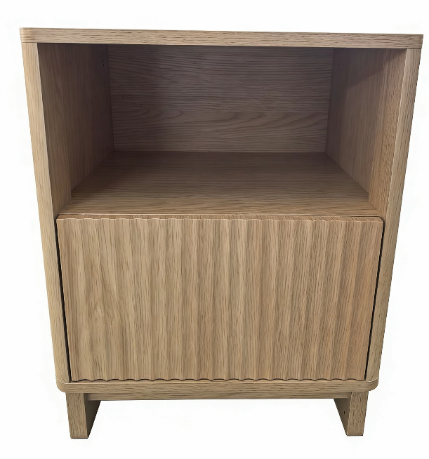 TINYNEST Modern Fluted Nightstand with Open Shelf & Cabinet, Solid Wood Legs Bedside Table for Bedroom, Walnut/Natural Oak