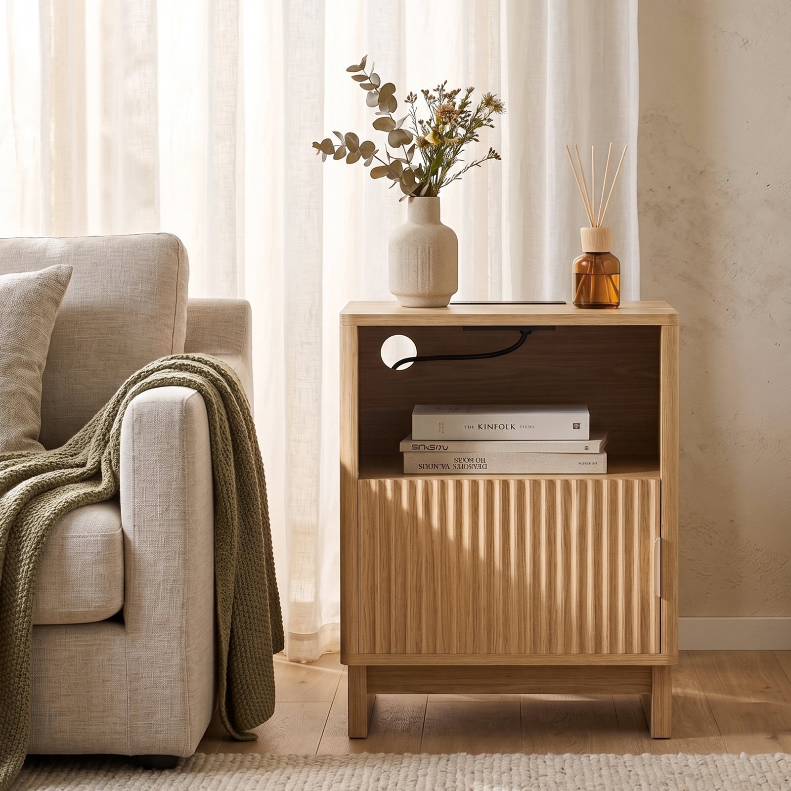 TINYNEST Modern Fluted Nightstand with Open Shelf & Cabinet, Solid Wood Legs