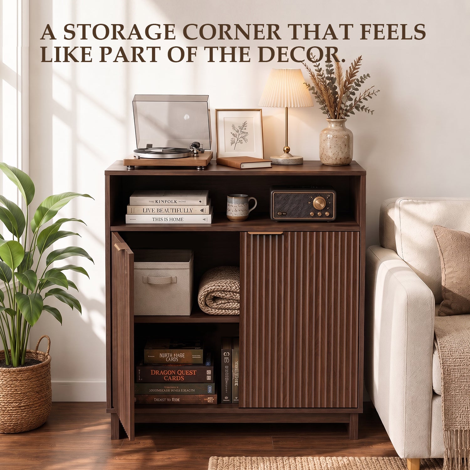 TINYNEST Modern Fluted Sideboard, Solid Wood Base Storage Cabinet, Walnut/Natural Oak, 31.50"× 15.0"× 35.6"