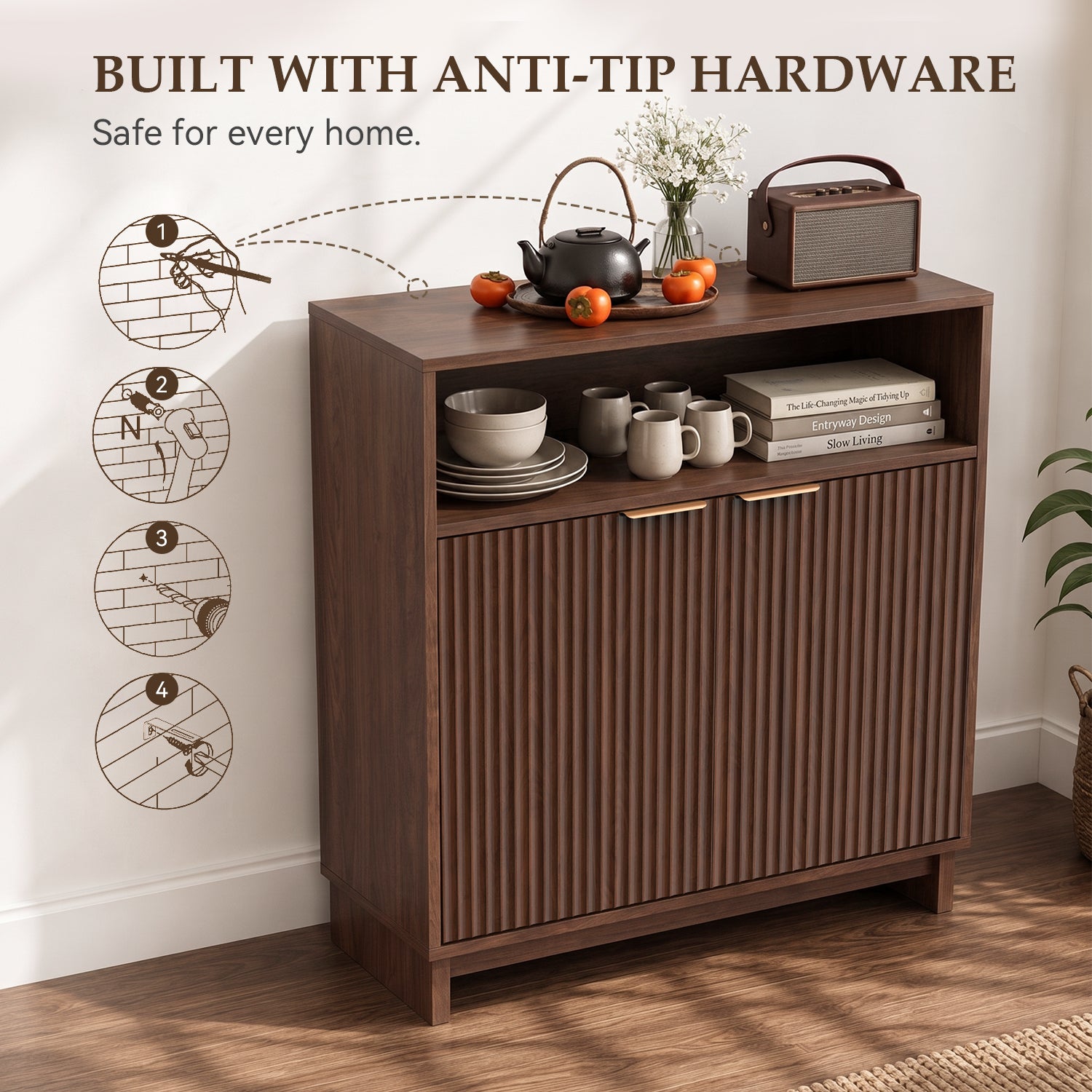 TINYNEST Modern Fluted Sideboard, Solid Wood Base Storage Cabinet, Walnut/Natural Oak, 31.50"× 15.0"× 35.6"