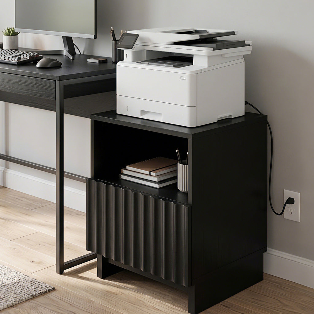 TINYNEST Modern Recessed Bedside Table with Open Shelves and Cabinets, Solid Wood, Black | Natural Wood Color