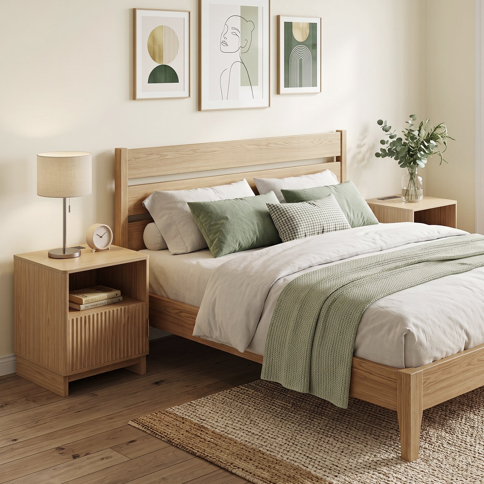 TINYNEST Modern Fluted Nightstand with Open Shelf & Cabinet, Solid Wood Legs